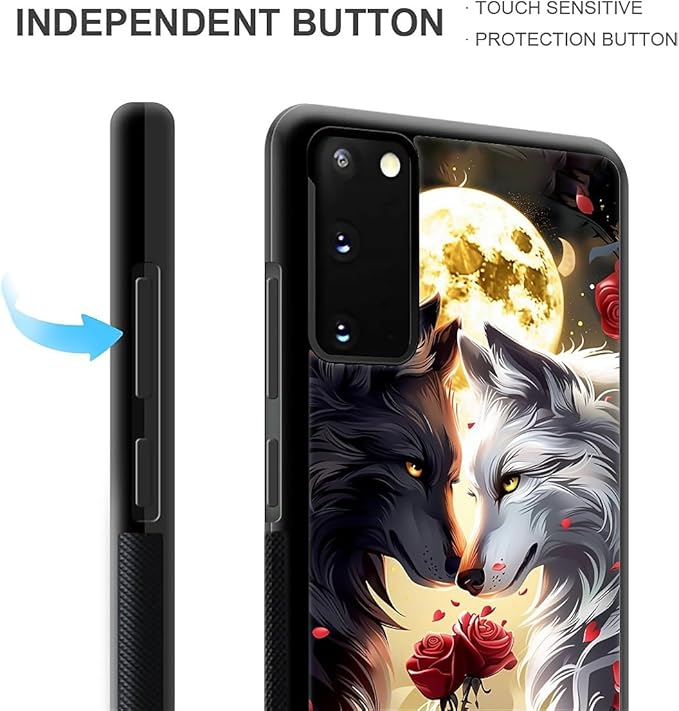 for Samsung Galaxy S20 Case, Black White Wolf Moon Flower Rose Pattern Graphic Design Girl Boy Soft Silicone Hard Acrylic Shock Protection for Samsung Galaxy S20