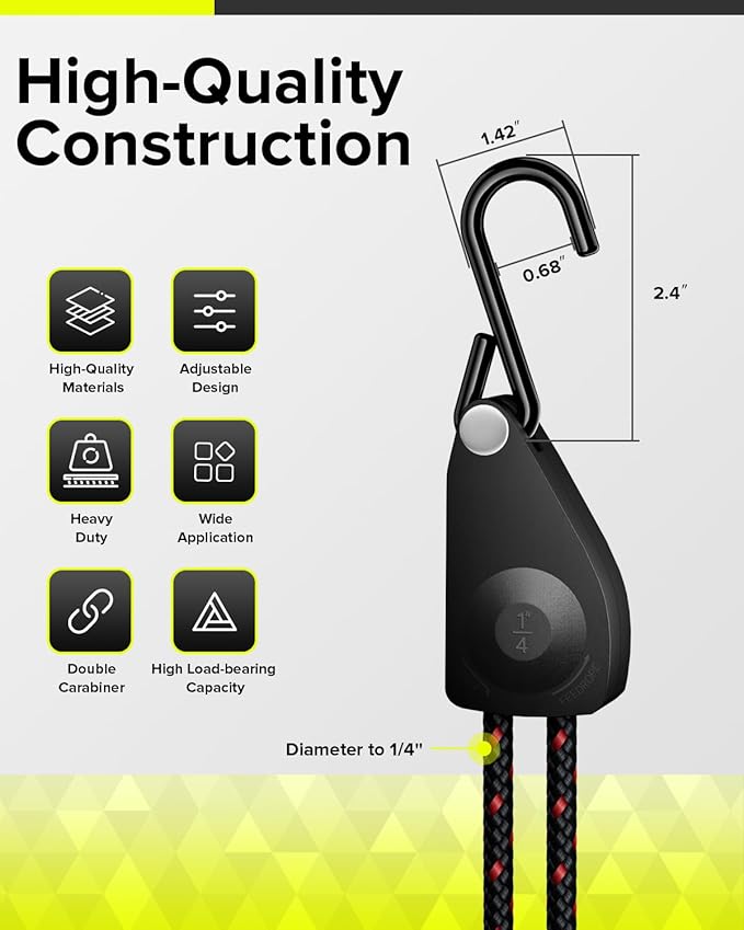 1/4" Ratchet Tie Down Straps, 4-Pack 12ft Adjustable Rope Hanger, Heavy Duty Kayak Pulley System with Hooks for Kayak Accessories, Hiking, Camping, Boating & Water Activities
