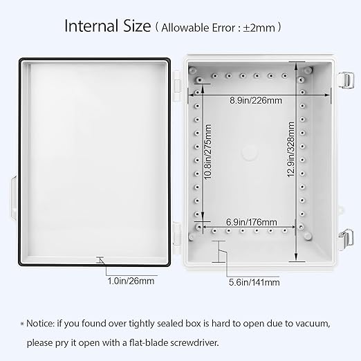 LeMotech Electrical Box, IP67 Waterproof Hinged Cover Stainless Steel Latch Junction Box, ABS Plastic Electrical Enclosure with Mounting Plate,Wall Brackets, Cable Glands, 13.8"x9.8"x5.9", Grey