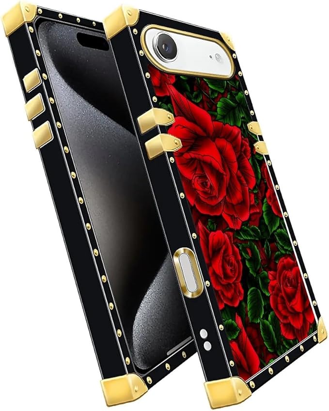 for iPhone 17 Air Case Luxury Golden Decoration for Girl Women Soft TPU Shockproof Protective Hard PC Back for iPhone 17 Air Crazy Pattern Vector Red Rose Green Leaf