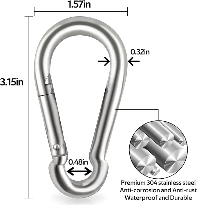 Locking Carabiner Clips, Stainless Steel Spring Snap Hook Locking Carabiner Heavy Duty - 304 Premium Stainless Steel Thumb Screw Carabiner Clip