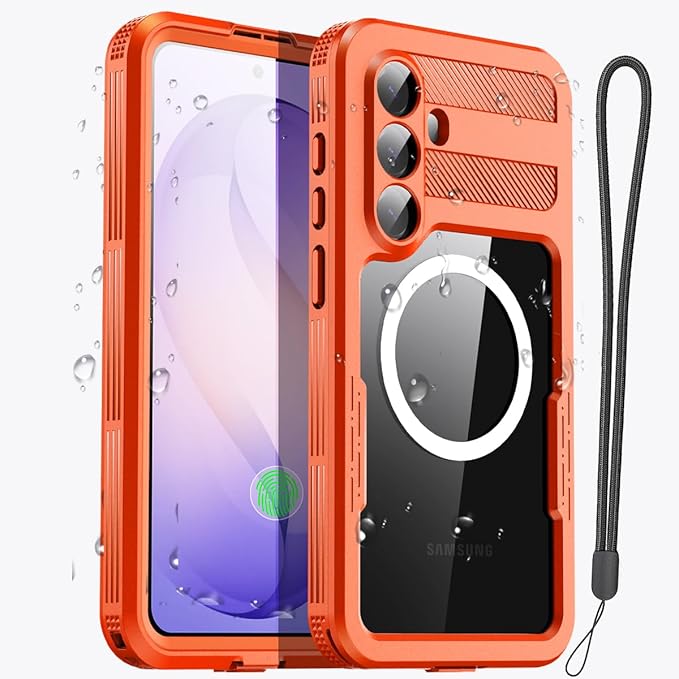 AICase Waterproof Case for Samsung Galaxy S26 with MagSafe Support Clear Water Proof Snowproof/Dustproof/Shockproof,IP68 360 Full Body Protection Fully Sealed Underwater Cover for Galaxy S26_Orange