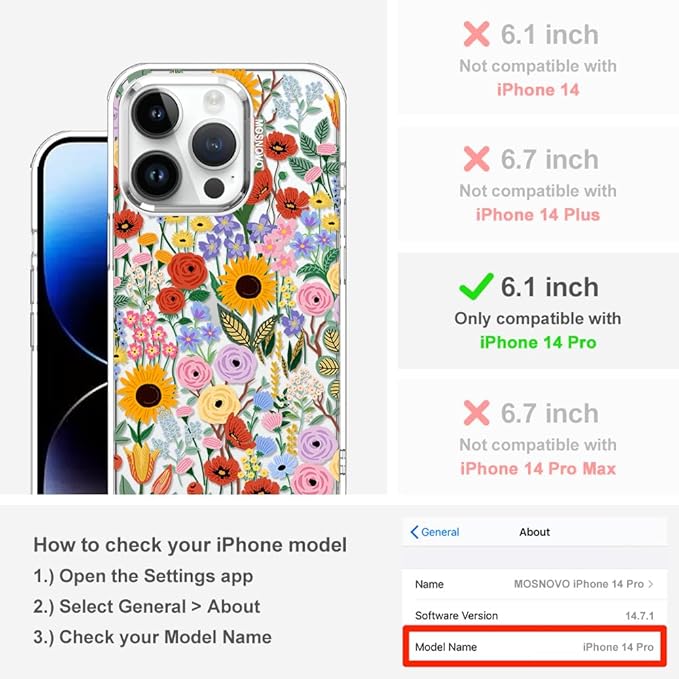 MOSNOVO Case for iPhone 14 Pro, [Buffertech 6.6ft Military-Grade Drop Protection] [Anti Peel Off Tech] Clear TPU Bumper Phone Case Cover Design - Blossom & Bloom