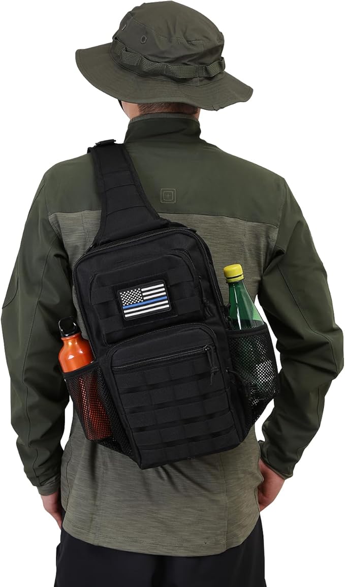 Rover Sling Pack Tactical Shoulder Sling Bag Backpack with Bottle Holder Crossbody Chest Bag, Black