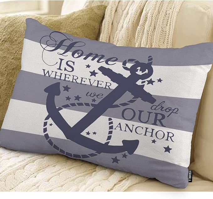 EKOBLA Nautical Pillow Covers Home is Wherever We Drop Our Anchor Waist Lumbar Cotton Linen Cushion Cover Oblong Rectangle Pillowcase for Men Women Home Decoration Bedroom 12x20 Inches