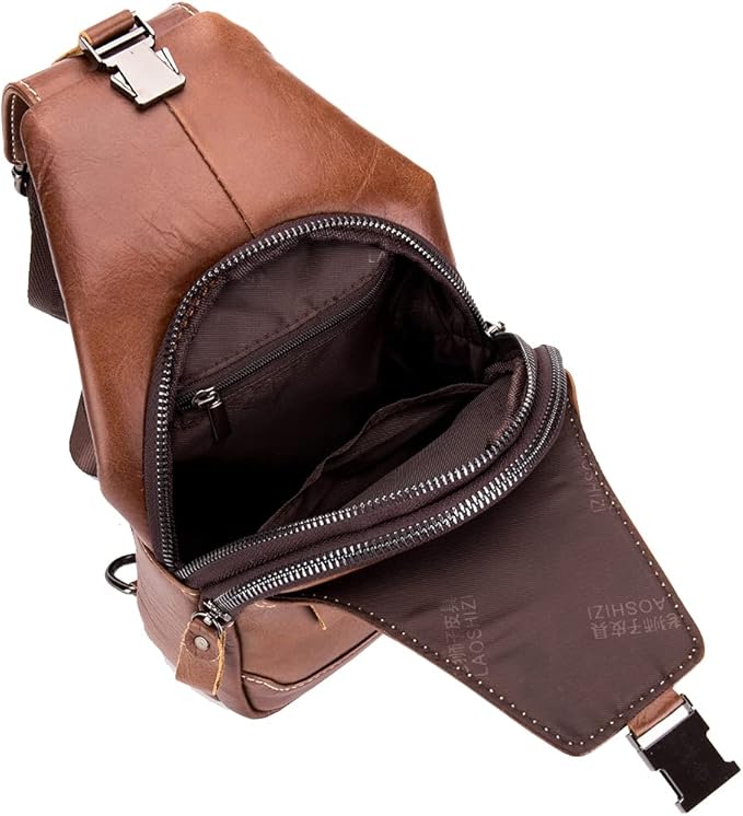 Hebetag Leather Sling Bag Crossbody Backpack for Men Women Outdoor Travel Camping Hiking Shoulder Chest Day Pack Casual Daypack, Brown