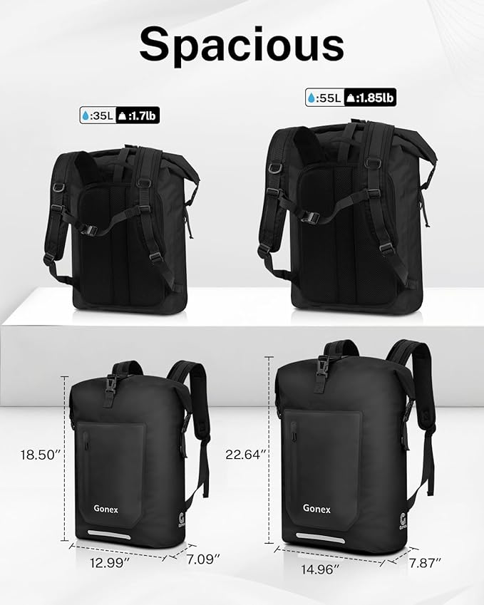 Gonex Ultralight Waterproof TPU Backpack, 35L Roll Top Dry Bag with Comfortable Padded Back Panel for Kayaking Boating Camping Fishing Travel,Black