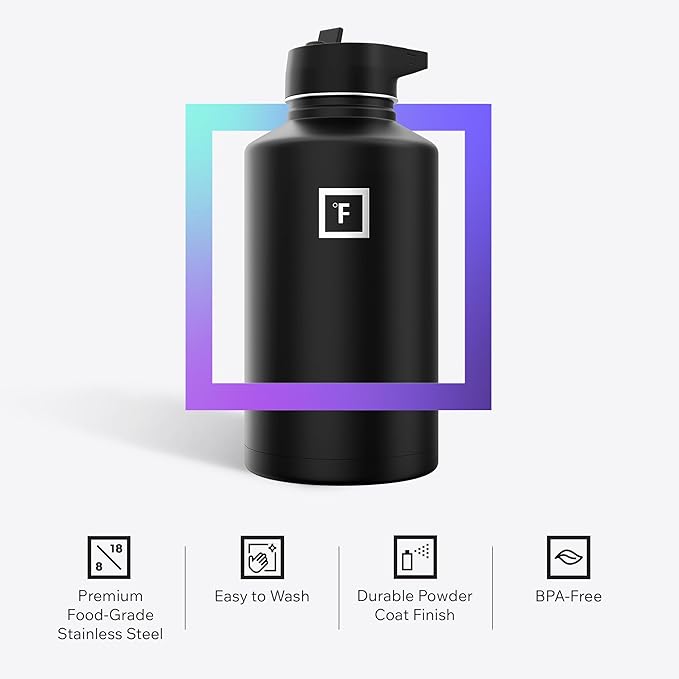 IRON °FLASK Camping & Hiking Hydration Flask with Straw, Wide Mouth Insulated Stainless Steel Sports Water Bottle - Dark Night 64 oz - Straw (1 Lid)