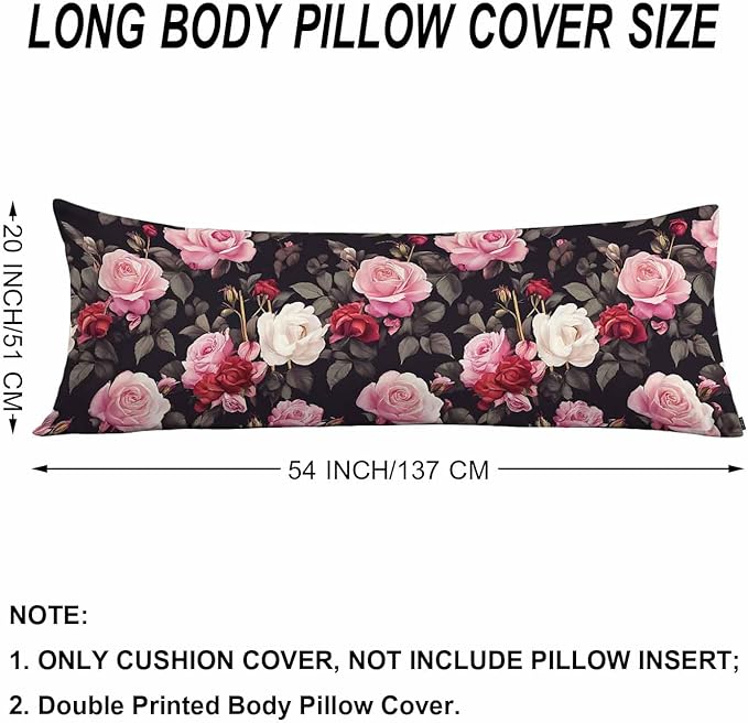 Outdoor Pillows Body Pillow Cover Rose Lumbar Body Pillow Case Protector Blossom Roses Body Cushion Covers Bed Body Pillowcases for Bedroom Couch Sofa 20"X54", Red Black