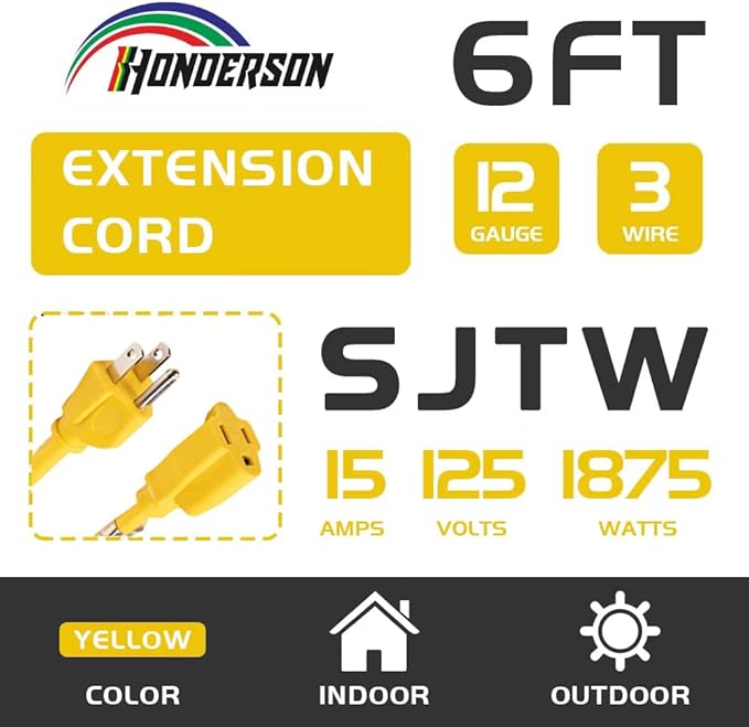 Indoor/Outdoor Extension Cord, 12 Gauge 6FT Yellow 3 Prong Heavy Duty, Weatherproof, UL Certified, 15A Power Cord for Outdoor Lights, Appliances, Lawn