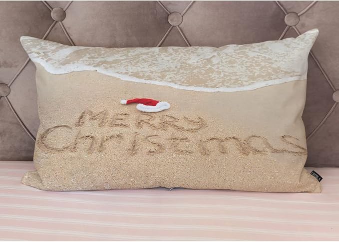 EKOBLA Merry Christmas Decorative Pillow Cushion Covers Xmas Quote Written On Tropical Beach Sand Oblong Rectangle Throw Pillow Cases for Sofa Bed Couch Cotton Linen 12x20 Inches
