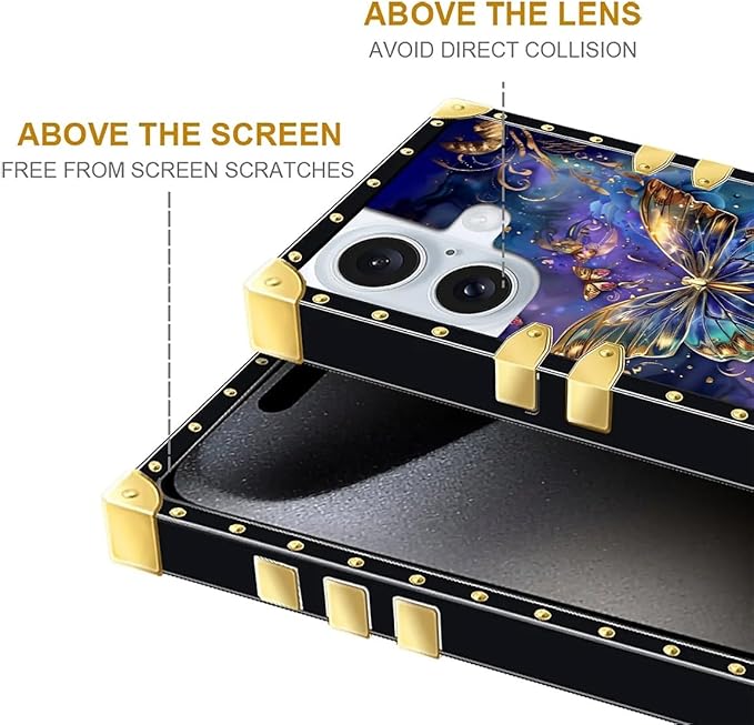 Compatible with iPhone 16 Plus Case, Glistening Golden Butterfly Vibrant Purple Blue Luxury Golden Decoration for Girl Women Soft TPU Shockproof Protective Hard PC Back