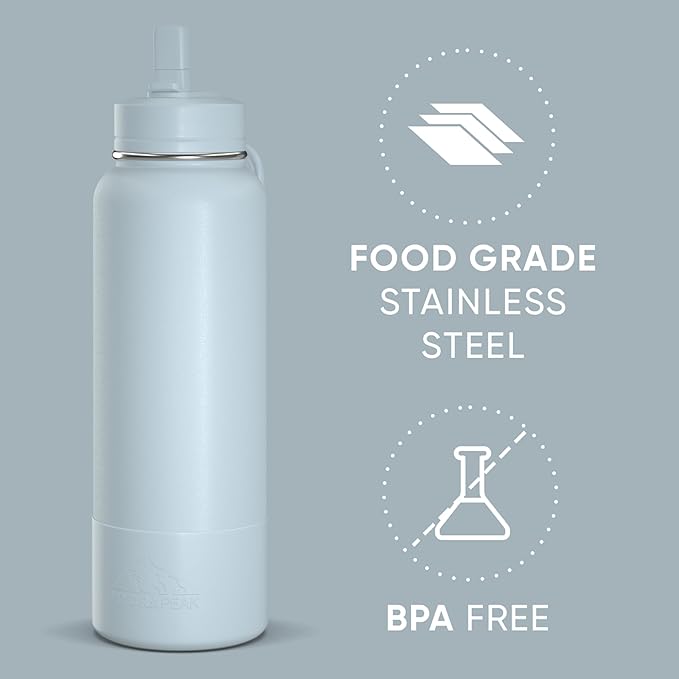 Hydrapeak 40oz Sport Insulated Water Bottle with Straw & Chug Lid, Leak & Spill Proof, Keeps Drinks Cold for 24 Hours, Hot for 12 Hours, Premium Stainless Steel Water Bottles (40oz, Ice Blue)