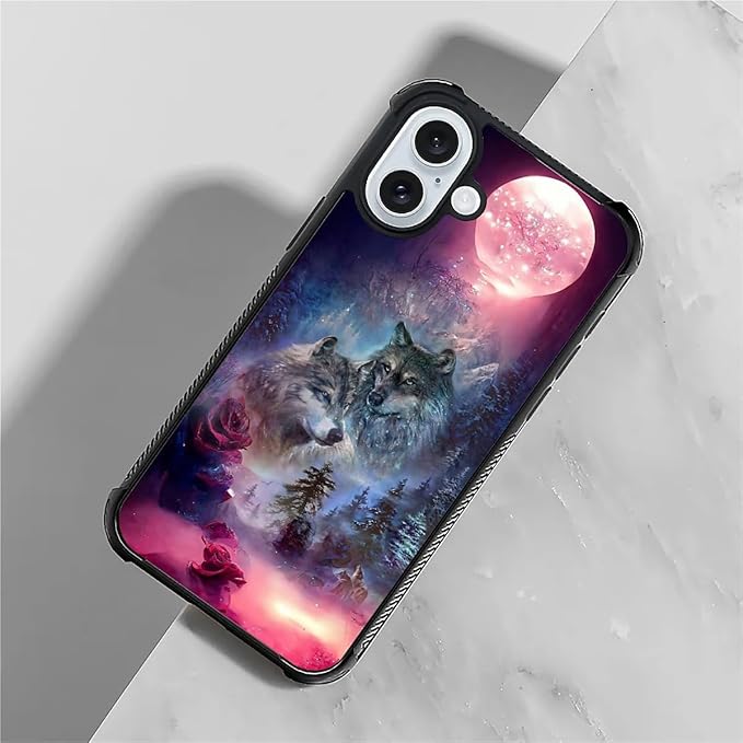for iPhone 16 Case, Star Two Wolfs Howling Pattern Graphic Design Girl Boy Soft Silicone Hard Acrylic Shock Protection for iPhone 16