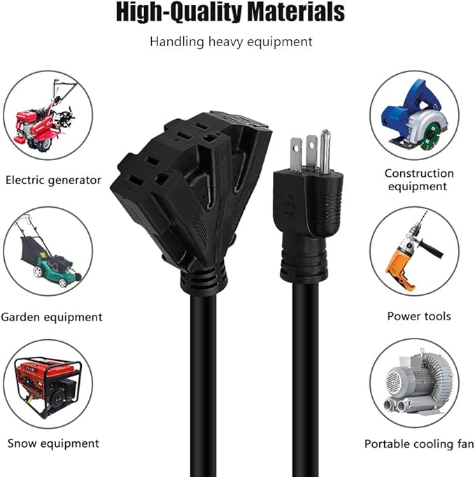 50FT 12/3 Outdoor Extension Cord, Heavy Duty 3-Outlet SJTW Indoor/Outdoor Three-Prong Power-Cord 12-Gauge Grounded 15-Amp 1875 Watts