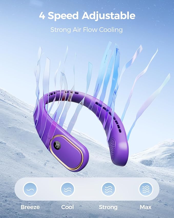 SHEWIND Portable Neck Fan - 5000mAh Rechargeable Hands-Free Wearable Fan | 4 Speeds, Bladeless & LED Display | Personal Cooling Fan for Travel, Outdoors, Camping - Purple