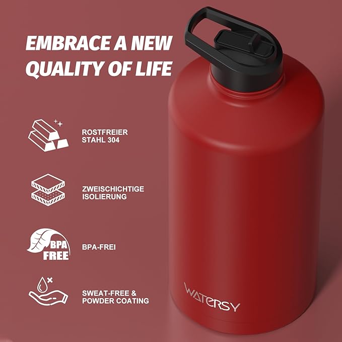 1 Gallon Water Bottle Insulated(Cold for 48 Hrs),BPA Free&Leak Proof,128oz Stainless Steel Water Jug,Large Water Bottle with Straw Spout Lids for Gym,Hiking,Camping&Travel,Red