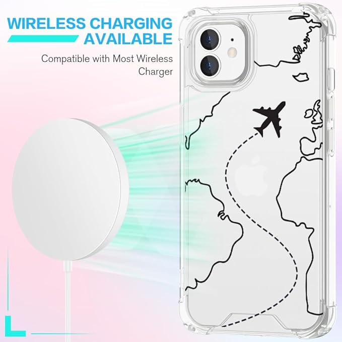 FANXI Minimalist Airplane Travel Map Phone Case Compatible with iPhone 12/12 Pro (6.1 Inch) - Shockproof Clear Soft TPU Protective Cover with Airplane Design for Women Men and Girls