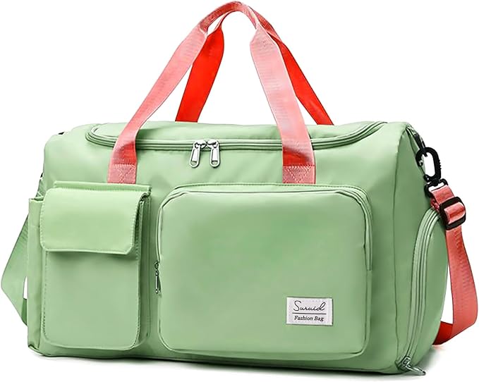 Suruid Travel Duffel Bag with Shoes Compartment Sports Gym Bag with Dry Wet Separated Pocket for Men and Women, Overnight Bag Weekender Bag Training Handbag Yoga Bag - Bright Green Pink
