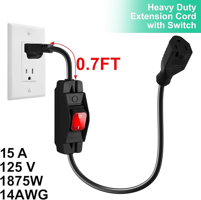 Outdoor Waterproof On/Off Switch Extension Cord, Heavy Duty 125v/250v Black SJTW Cord (1.5 Ft, Black)