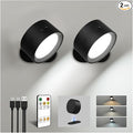 LED Wall Mounted Lights, Rechargeable Wall Sconce Lamps, 3 Color Temps & Remote and Touch, 360° Rotation Dimmable Cordless Wall Light for Study Bedroom Reading Bedside (Black, 2 Pack)