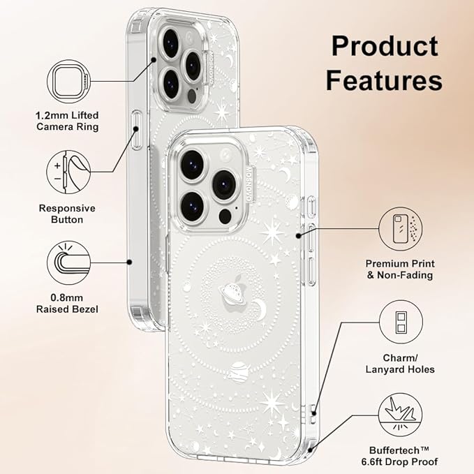 MOSNOVO Case for iPhone 15 Pro, [Buffertech 6.6ft Military-Grade Drop Protection] [Anti Peel Off Tech] Clear TPU Bumper Phone Case Cover Design - Galaxy