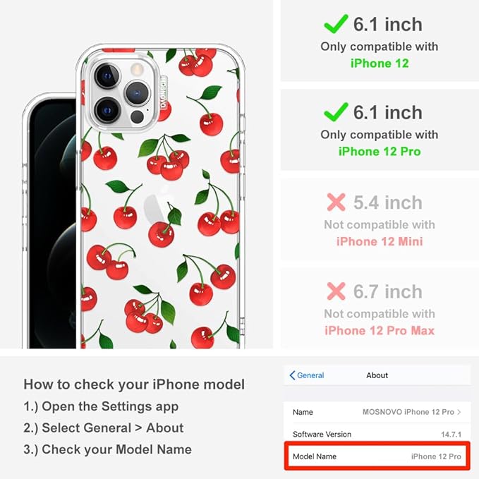 MOSNOVO Case for iPhone 12 & iPhone 12 Pro, [Buffertech 6.6ft Military-Grade Drop Protection] [Anti Peel Off Tech] Clear TPU Bumper Phone Case Cover Design - Cute Cherry