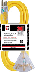 EP 20 Ft 12 Gauge Heavy Duty Extension Cord, 15A 125V 1875W, 3 Outlet Indoor/Outdoor Power Cord with Lighted End, 12/3 SJTW Weatherproof Yellow