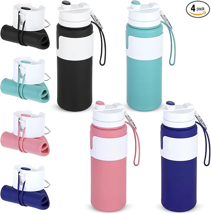 LemonRoad 4 Pcs 26 oz Silicone Collapsible Water Bottle, Portable Foldable Water Bottle Leakproof with Carabiner Reuseable Lightweight for Travel Sports Hiking Camping Cycling Office (Multicolor)