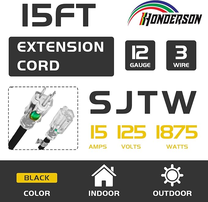 Indoor Outdoor Extension Cord Weatherproof with Lighted End, UL Certified, 12 Gauge 15FT Black 3 Prong Heavy Duty, 12/3 SJTW 15A Power Cord for Outdoor Lights, Lawn