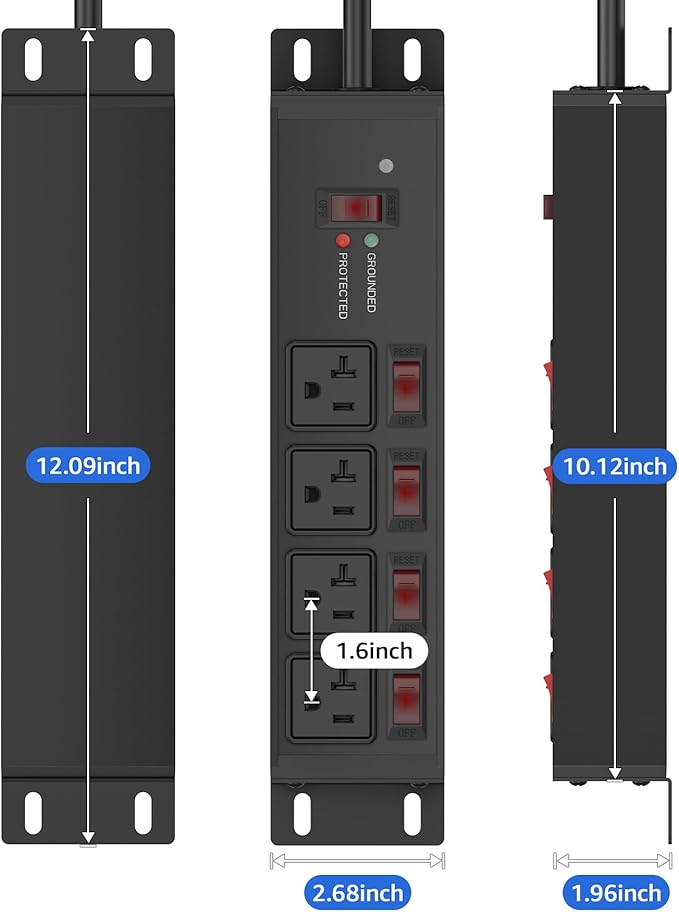 CCCEI Heavy Duty Surge Protector Power Strip 20 Amp Individual Switches. 15FT 12 Gauge Extension Cord with Multiple Outlets. Kitchen, Garage, Shop, Industrial Wall Mount Electric Extender, Black.