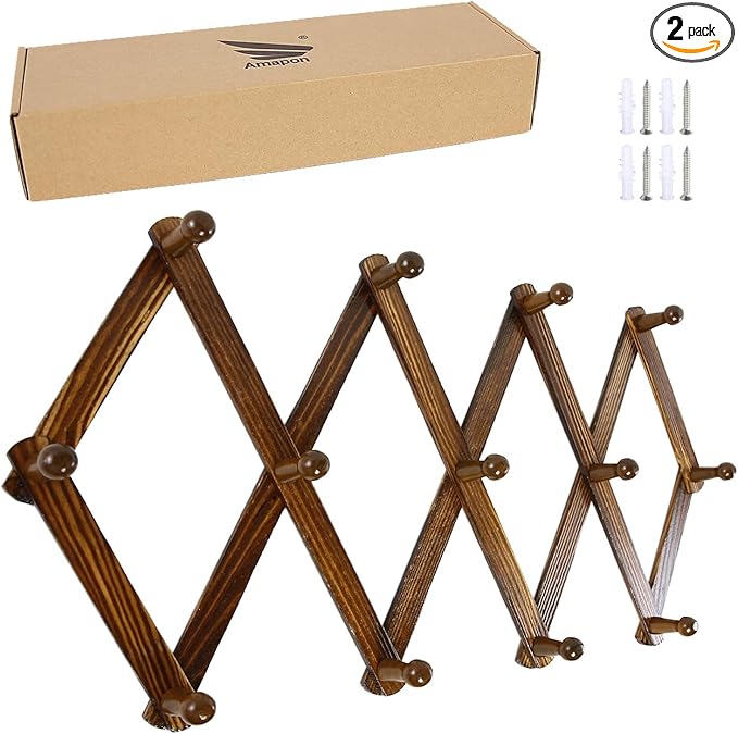 AMAPON Accordion Style Expandable Wall Wooden Coat Rack 13 Hooks (Pegs) Hang Hats Jackets Coffee Mug Purses Necklaces Towels Cap Leash Scarves Data Line Kitchenware (Walnut 2 Packs)