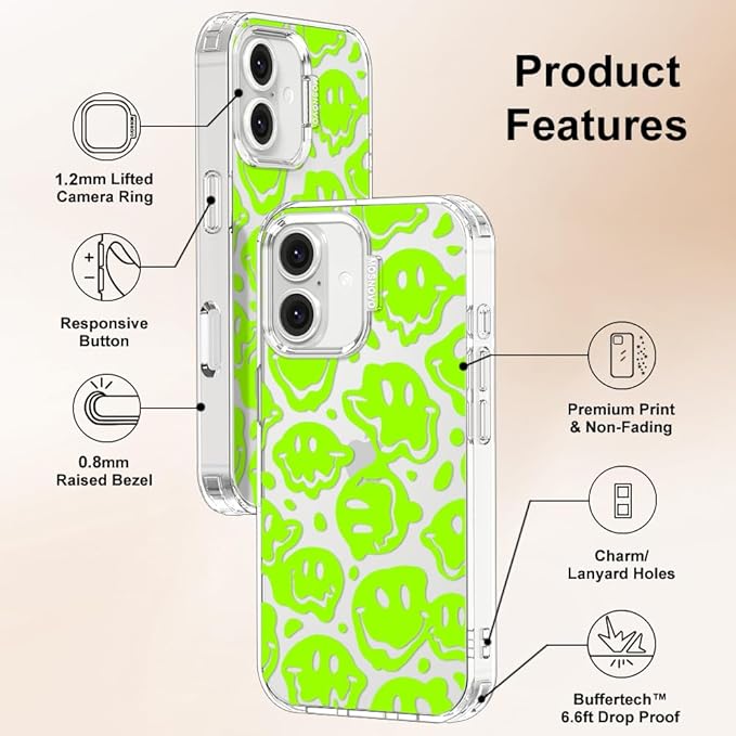 MOSNOVO Case for iPhone 16, [Buffertech 6.6ft Military-Grade Drop Protection] [Anti Peel Off Tech] Clear TPU Bumper Phone Case Cover Design - Distorted Green Smiles Face