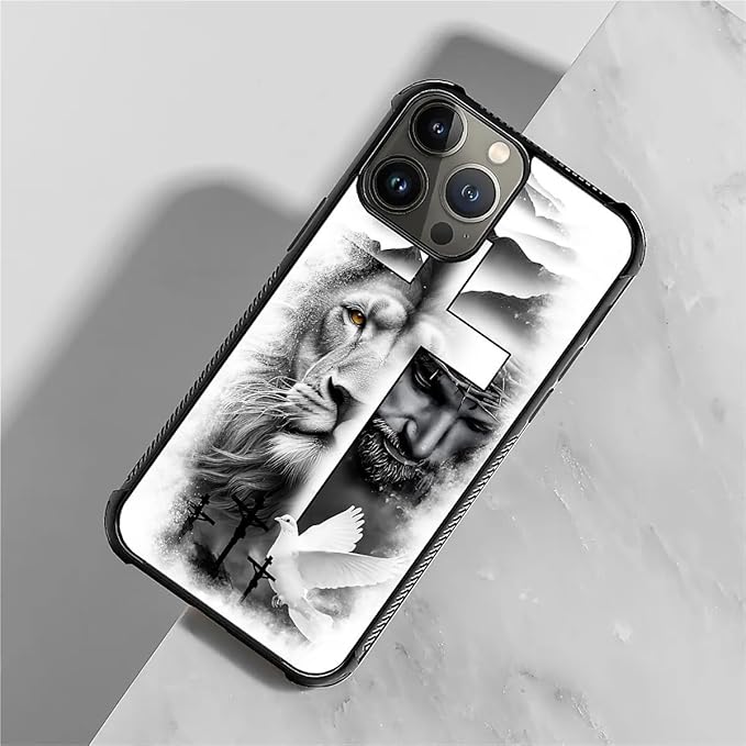 for iPhone 15 Pro Max Case, Lion Cross Jesus Christ Dove Pattern Graphic Design Girl Boy Soft Silicone Hard Acrylic Shock Protection for iPhone 15 Pro Max