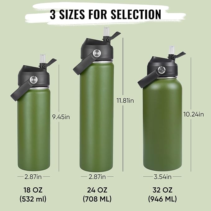Fijinhom 32oz Insulated Stainless Steel Water Bottle, Wide Mouth Double Wall Vacuum, Silicone Straw, Sweat & Leak Proof, BPA Free Insulated Water Flask for Travel, Keep Cold 24h Hot 12h, Green