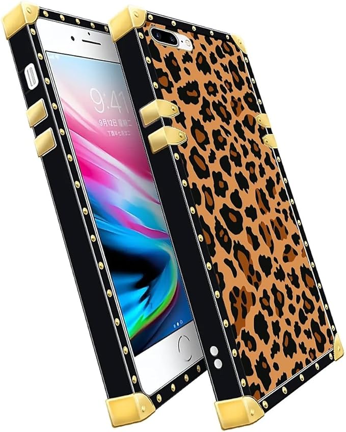 Compatible with iPhone 8 Plus 7 Plus Case, Brown Leopard Texture Luxury Golden Decoration for Girl Women Soft TPU Shockproof Protective Hard PC Back for iPhone 8 Plus 7 Plus