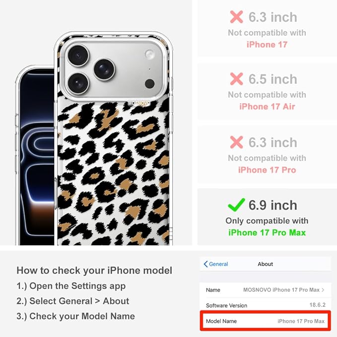 MOSNOVO for iPhone 17 Pro Max Case | Military Grade 6.6ft Drop Tested | Camera Control | Clear with Leopard Print Design