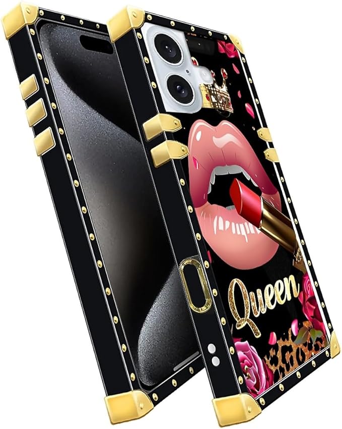 Compatible with iPhone 16 Case, Glitter Red Rose Queen Leopard Lipstick Luxury Golden Decoration for Girl Women Soft TPU Shockproof Protective Hard PC Back