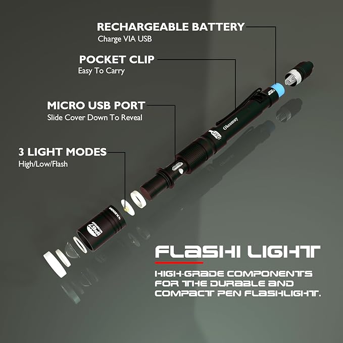 okcomuy Rechargeable LED Pen Light Flashlight,300 Lumens IP67 Waterproof with Pocket Clip 4-Zoomable| 3 Modes, Prefect Pocket Small Flashlight for Inspection,Work,Repair,Camping