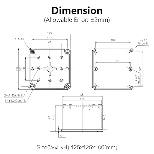 LeMotech Junction Box IP67 Waterproof Dustproof ABS Plastic Project Box for Electrical Outdoor Enclosure Gray 4.9 x 4.9 x 3.9 inch (125 x 125 x 100 mm)