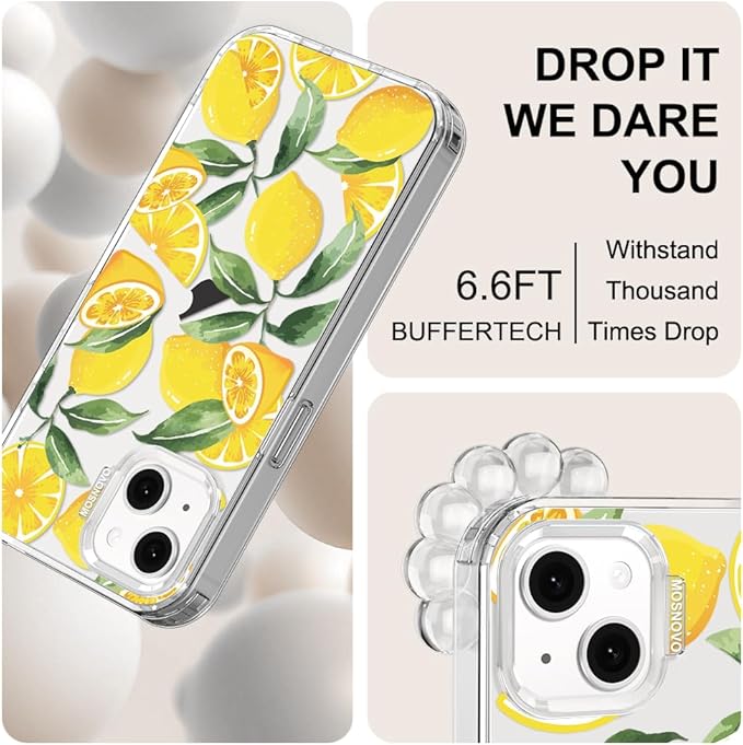 MOSNOVO for iPhone 13/14 Case | Military Grade 6.6ft Drop Tested | Clear with Lemon Design