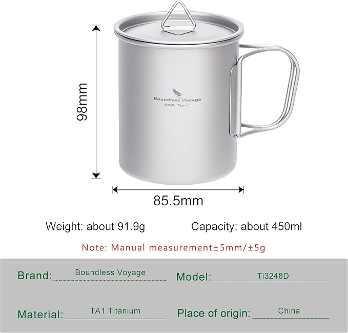 Boundless Voyage Titanium Camping Mug with Lid 300ml 450ml 750ml Lightweight Folding Handle Cup for Outdoor Backpacking Hiking Travel Durable Portable (450ml)