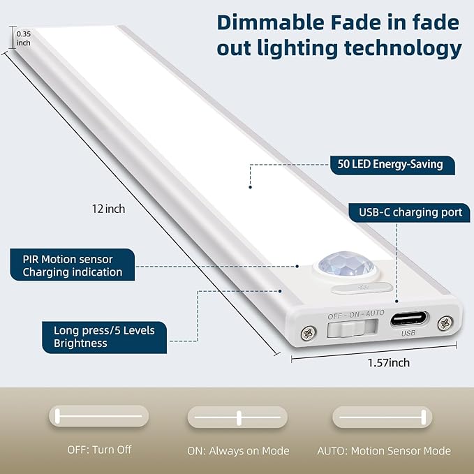 12inch Under Cabinet Lighting, 4 Pack Rechargeable Motion Sensor Light Indoor, Wireless Dimmable Magnetic Closet Lights, 50 LED Under Counter Lights for Kitchen, Wardrobe, Stairs, Warm Light