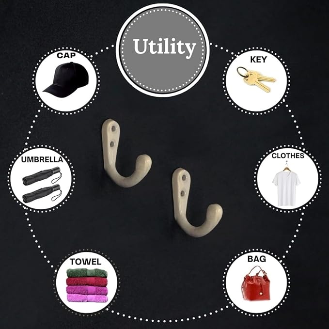 FAPBADRI Multipurpose Hooks, Used to Hang Clothes, Bags, Coats, Curtain Hold Backs, Keys, Colour - Ivory, Material - Aluminium, Screws and Wallplugs Included, Pack of 2 Pieces