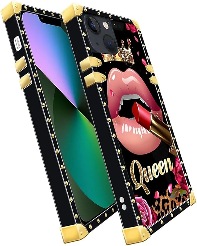 Compatible with iPhone 13 Case, Glitter Red Rose Queen Leopard Lipstick Luxury Golden Decoration for Girl Women Soft TPU Shockproof Protective Hard PC Back for iPhone 13