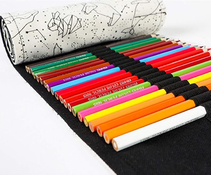 Funny live 24/36/48/72 Slots Colored Pencil Wrap Roll up Pen Holder Case Drawing Coloring Pencil Roll Organizer Stationery Case for Student Artist Traveler (Abstract Lines, 36 Slots)