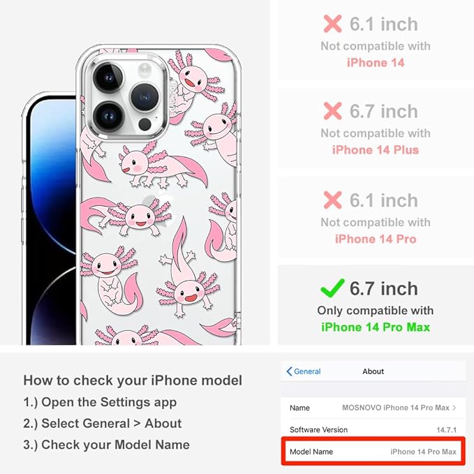 MOSNOVO Case for iPhone 14 Pro Max, [Buffertech 6.6ft Military-Grade Drop Protection] [Anti Peel Off Tech] Clear TPU Bumper Phone Case Cover Design - Pink Axolotl