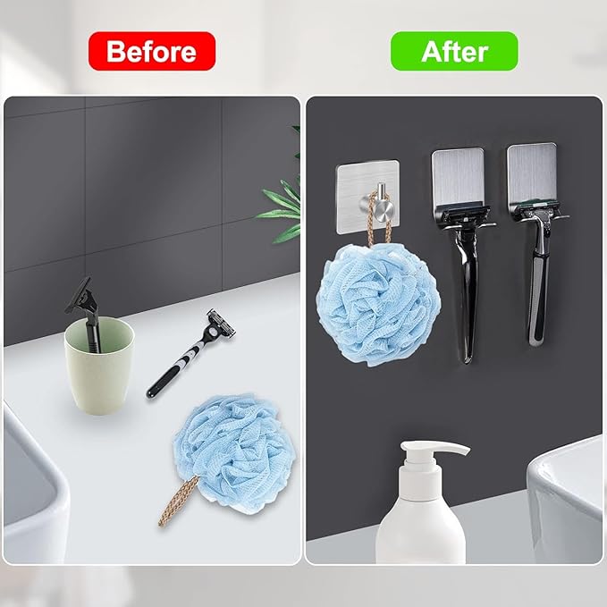 CGBE 4 Packs Shower Hooks for Inside Shower, Self Adhesive Shaver Holder Hanger Hook for Bathroom Damage Free Wall Hooks for Razor Loofah Sponge