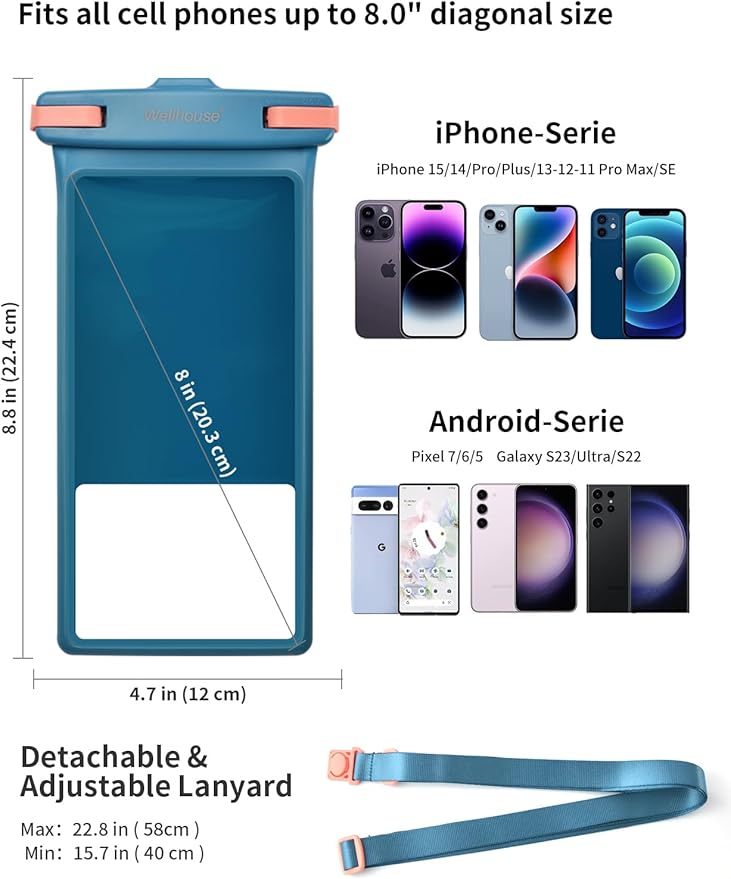 wellhouse Waterproof Phone Pouch, Waterproof Phone Case for iPhone 17 16 15 14 13 Pro Max XS Samsung, IPX8 3D Cellphone Dry Bag Beach Essentials (1 Pack - Blue8.0, 8 inch)