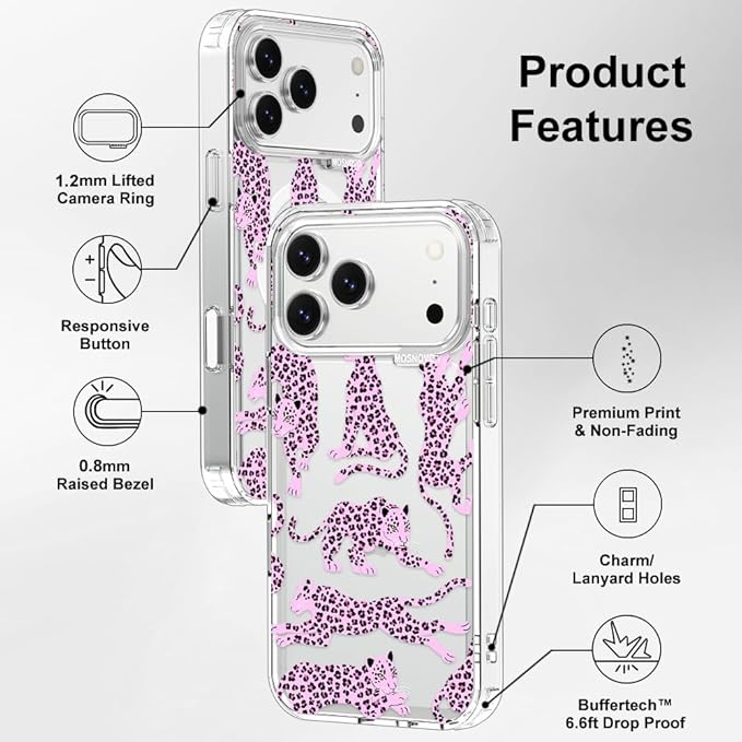 MOSNOVO for iPhone 17 Pro Max Case | Military Grade 6.6ft Drop Tested | Camera Control | Clear with Pink Leopard Design